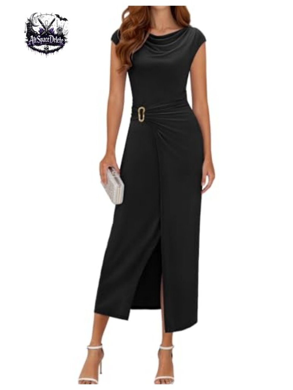 Cowl Neck Cap Sleeve Midi Wrap Dress Ruched Slit Cocktail Wedding Guest